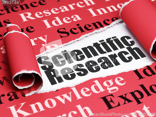 Image of Science concept: black text Scientific Research under the piece of  torn paper