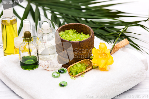 Image of Spa setting with aroma oil, vintage style 
