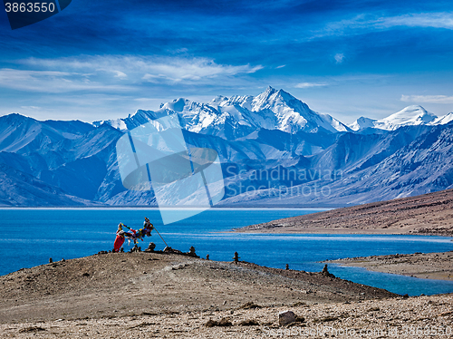 Image of Buddhist prayer flags at Himalayan lake Tso Moriri