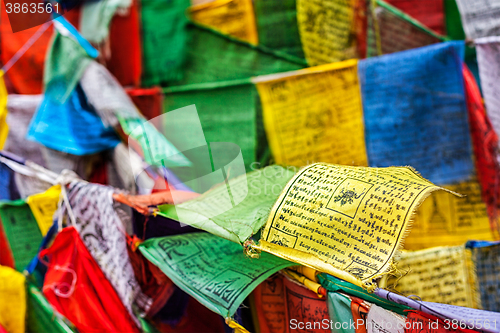 Image of Buddhist prayer flags lungta with prayers, Ladakh