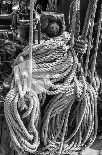 Image of Blocks and rigging at the old sailboat, close-up