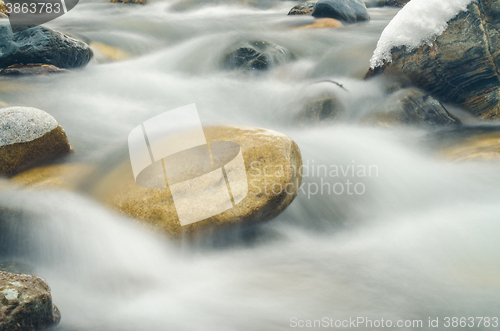 Image of Current between rocks mountain river shot with long exposure