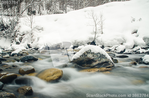 Image of Rapidly flowing mountain river on a background of snow-covered forest, blurred by a slow shutter speed