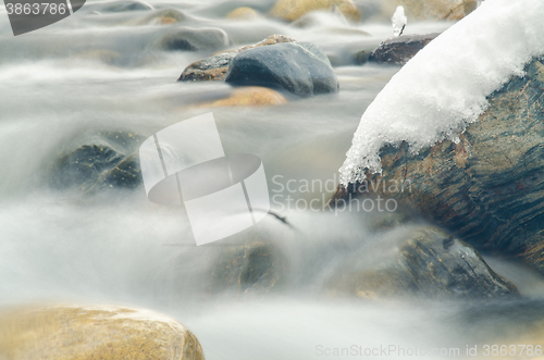 Image of Close-up of the current between the stones of a mountain stream, photographed with a long exposure