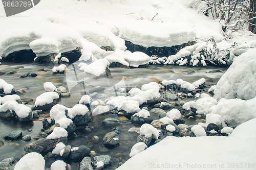 Image of View of the winter mountain river, blurred by a slow shutter speed