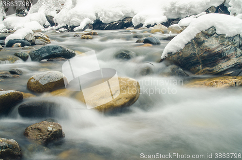 Image of Rapidly flowing mountain river, blurred by a slow shutter speed