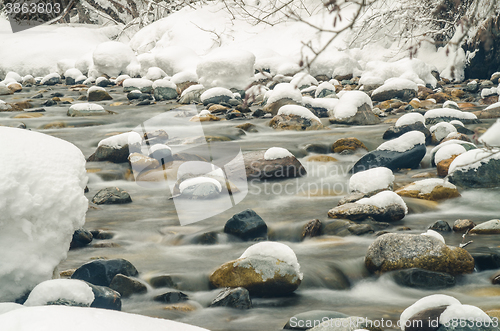 Image of  Snow-covered mountain river shot with long exposure