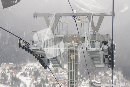 Image of Dombay, Russia - 7 February 2015: support a monorail ropeway at ski resort Dombay