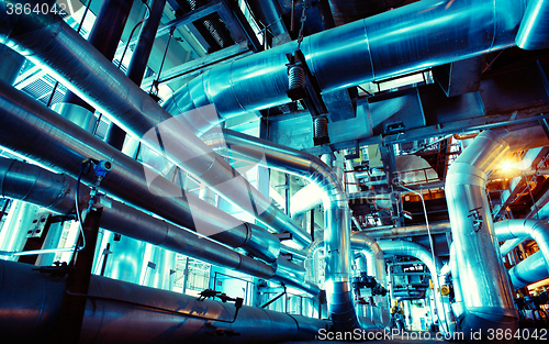 Image of Industrial zone, Steel pipelines, valves, cables and walkways