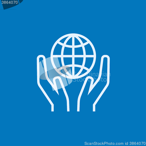 Image of Two hands holding globe line icon.