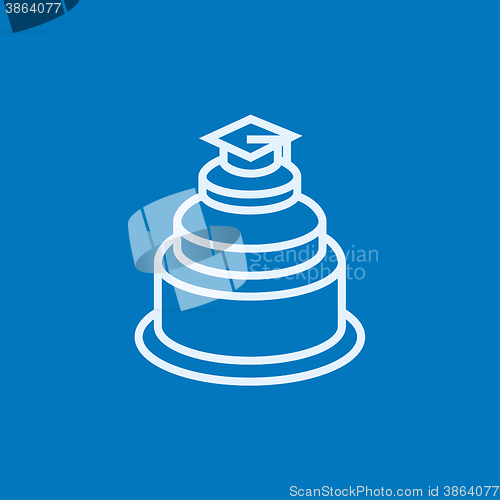 Image of Graduation cap on top of cake line icon.