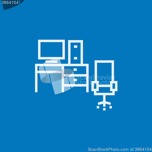 Image of Computer set with table and chair line icon.