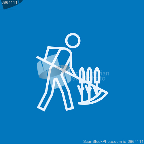 Image of Man mowing grass with scythe line icon.