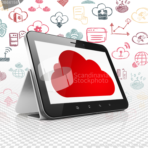 Image of Cloud networking concept: Tablet Computer with Cloud on display
