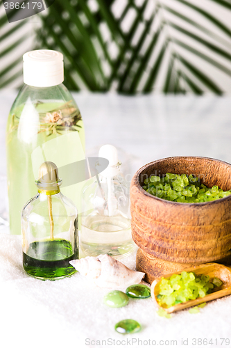 Image of Spa setting with aroma oil, vintage style 