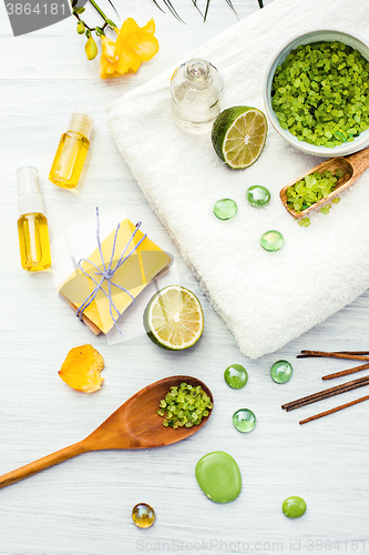 Image of Spa setting with aroma oil, vintage style 