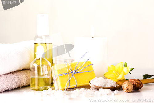 Image of Spa setting with aroma oil, vintage style 