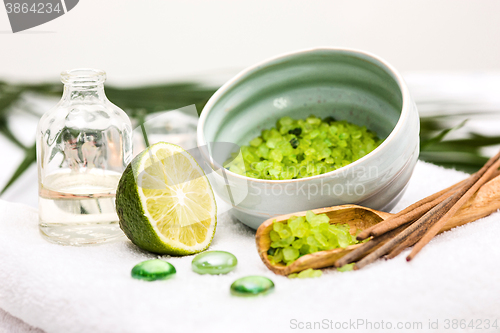 Image of Spa setting with aroma oil, vintage style 