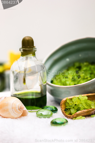 Image of Spa setting with aroma oil, vintage style 