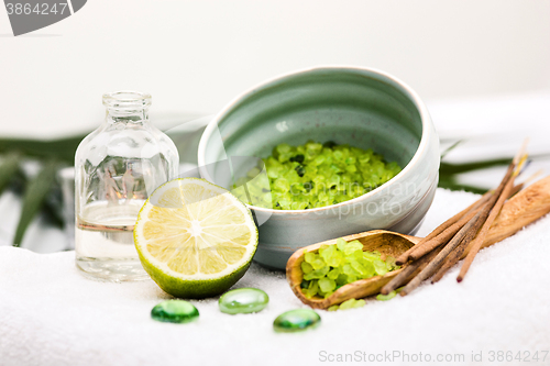 Image of Spa setting with aroma oil, vintage style 