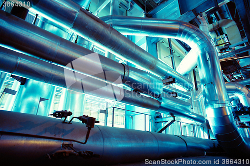 Image of Industrial zone, Steel pipelines, valves, cables and walkways