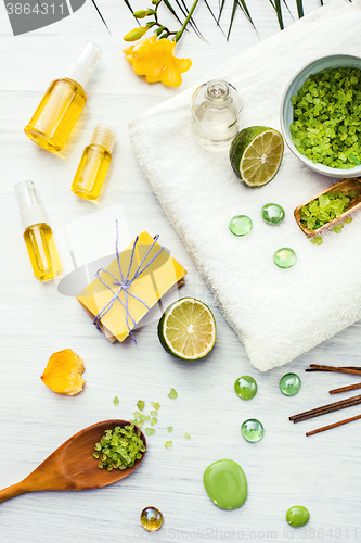 Image of Spa setting with aroma oil, vintage style 