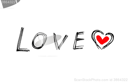 Image of Word ''Love'' with abstract heart on white background