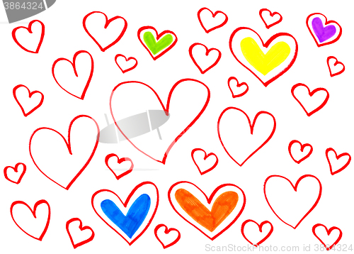 Image of Color bright hearts on white background