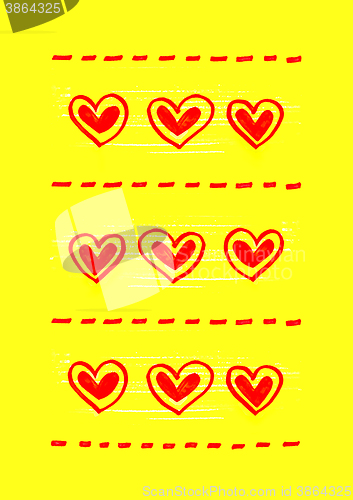 Image of Yellow background with abstract red hearts