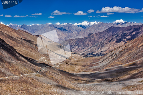 Image of Karakorum Range and road in valley, Ladakh, India