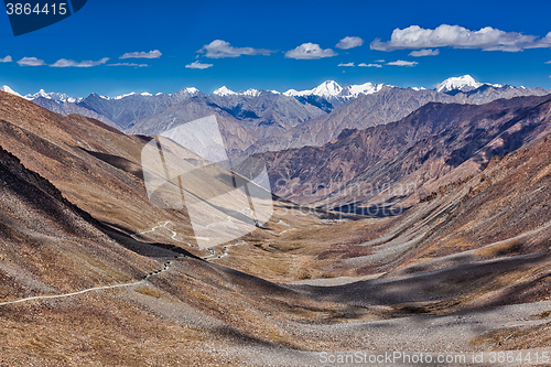 Image of Karakorum Range and road in valley, Ladakh, India