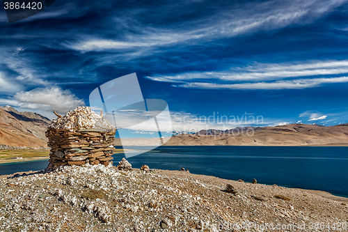 Image of Stone cairn at Himalayan lake Tso Moriri,