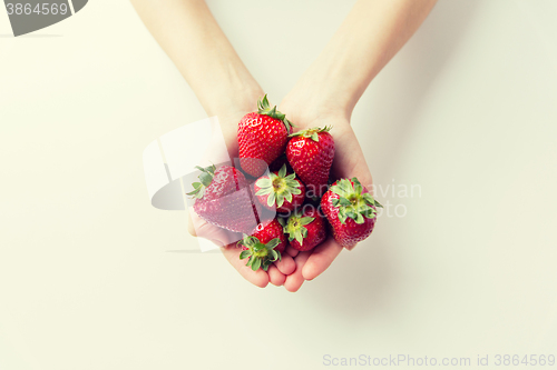 Image of close up of woman hands holding strawberries