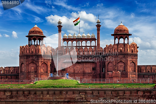 Image of Red Fort Lal Qila with Indian flag. Delhi, India