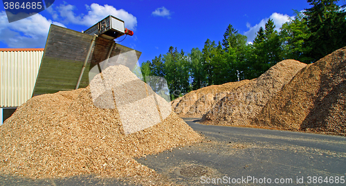 Image of bio fule (biomass) storage of against blue sky