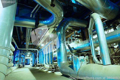 Image of Industrial zone, Steel pipelines, valves, cables and walkways