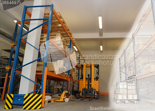 Image of drawing combined with shelves and racks with pallets in distribu