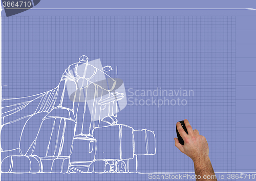 Image of man\'s hand draws a design of factory 