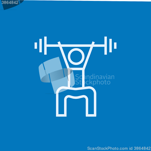 Image of Man exercising with barbell line icon.