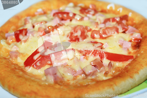 Image of appetizing pizza with sausage and tomatoes