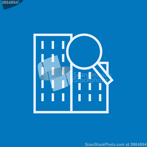 Image of Condominium and magnifying glass line icon.