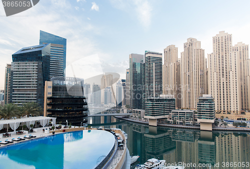 Image of Dubai city seafront with hotel infinity edge pool