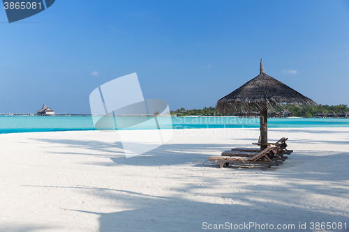 Image of palapa and sunbeds by sea on maldives beach