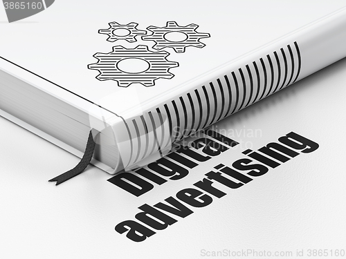 Image of Advertising concept: book Gears, Digital Advertising on white background