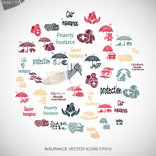 Image of Multicolor doodles Hand Drawn Insurance Icons set on White. EPS10 vector illustration.