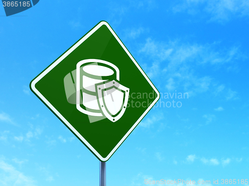 Image of Programming concept: Database With Shield on road sign background