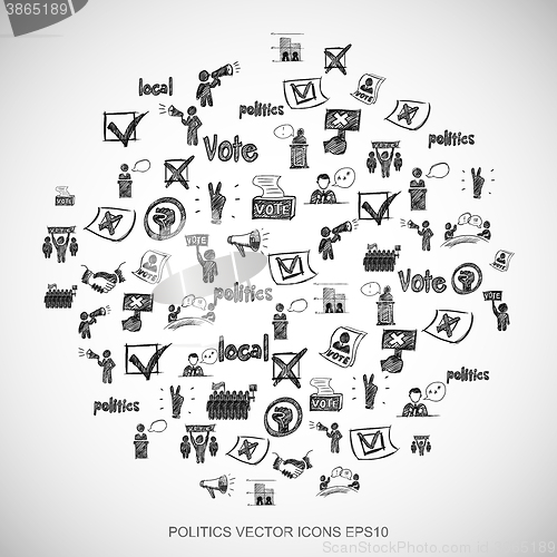 Image of Black doodles Hand Drawn Politics Icons set on White. EPS10 vector illustration.