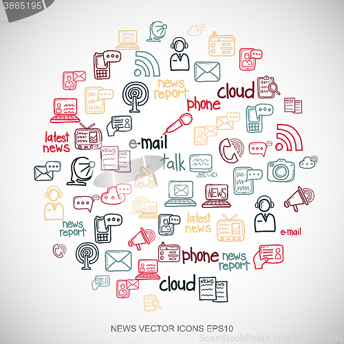 Image of Multicolor doodles Hand Drawn News Icons set on White. EPS10 vector illustration.