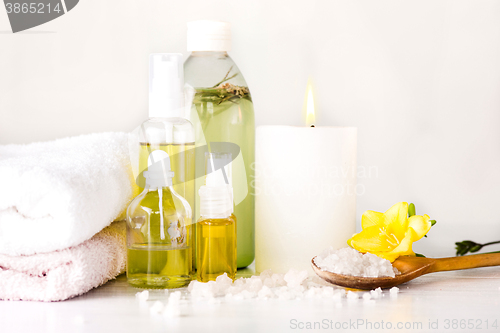 Image of Spa setting with aroma oil, vintage style 