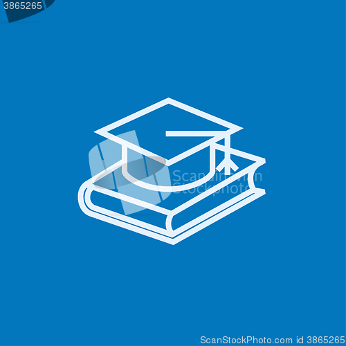 Image of Graduation cap laying on book line icon.